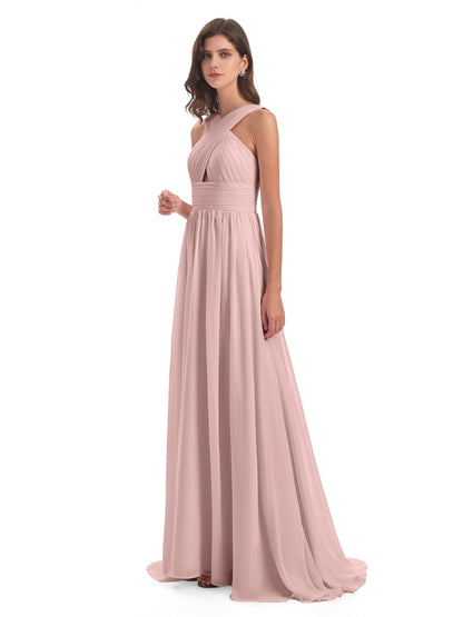Desiree A-line Sweep Train Chiffon Long Bridesmaid Dresses