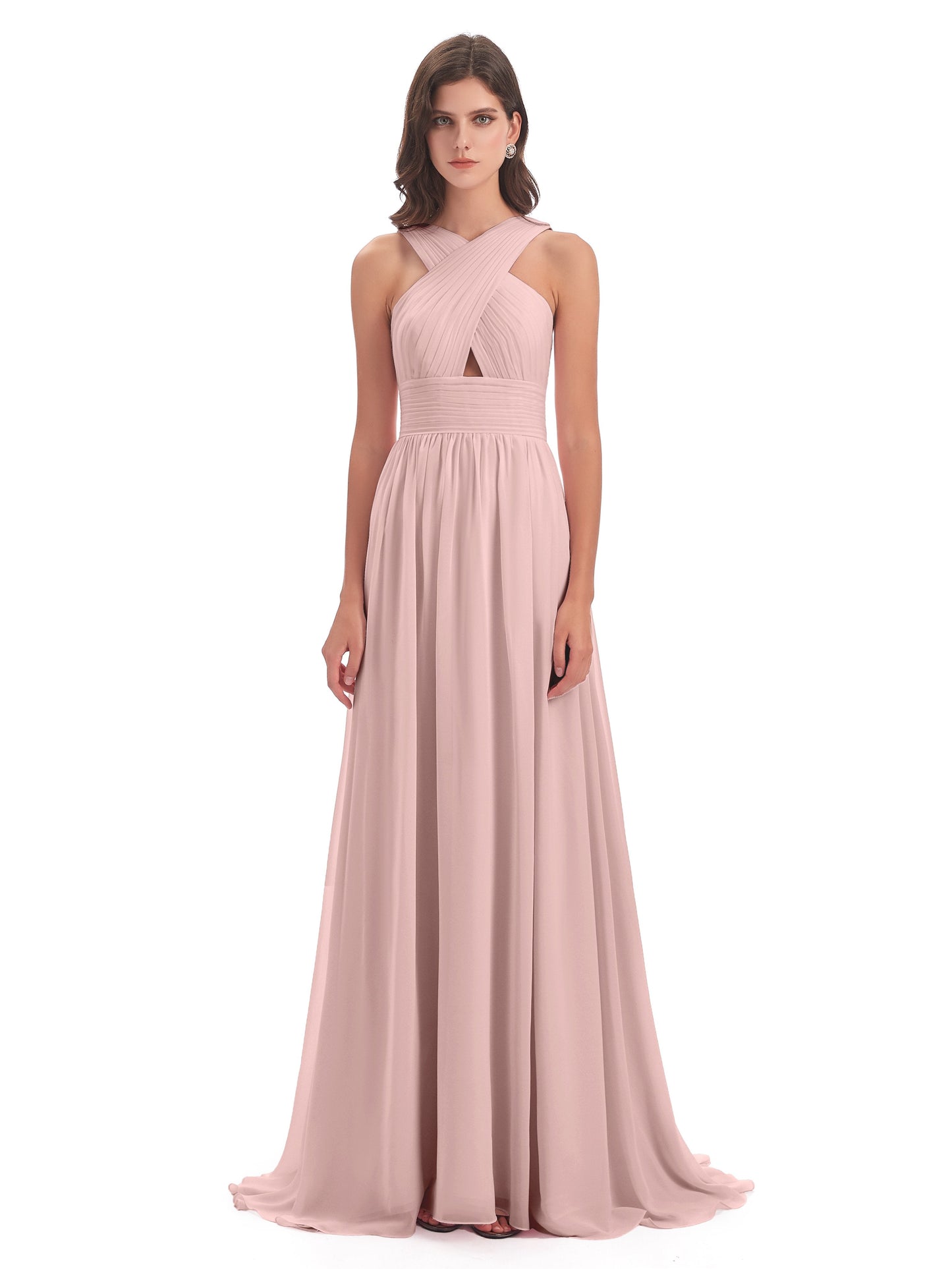 Desiree A-line Sweep Train Chiffon Long Bridesmaid Dresses