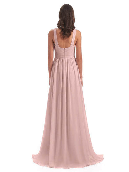 Desiree A-line Sweep Train Chiffon Long Bridesmaid Dresses