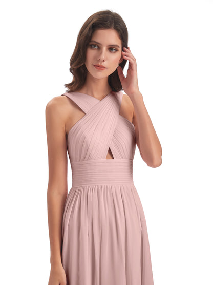Desiree A-line Sweep Train Chiffon Long Bridesmaid Dresses