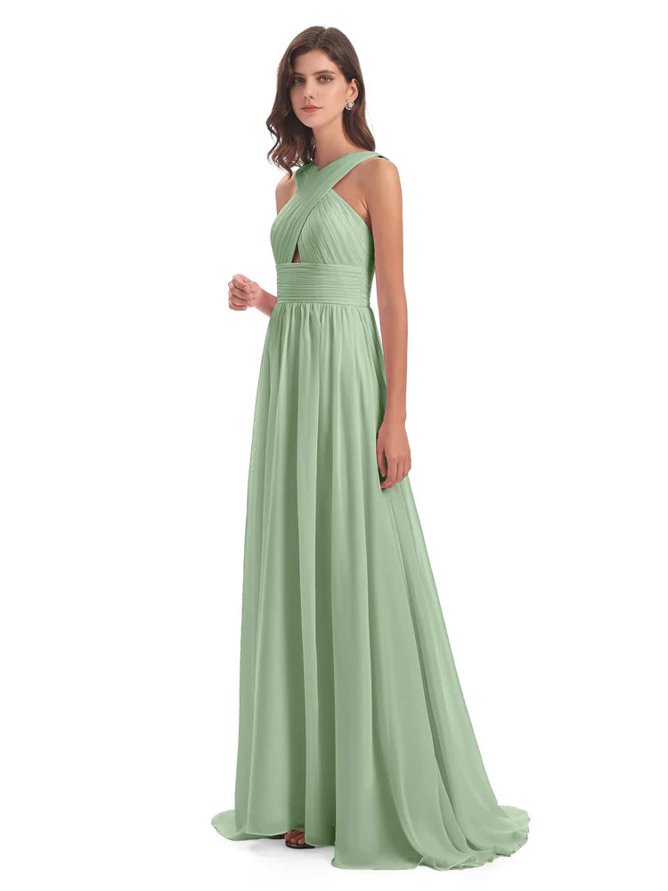 Desiree A-line Sweep Train Chiffon Long Bridesmaid Dresses