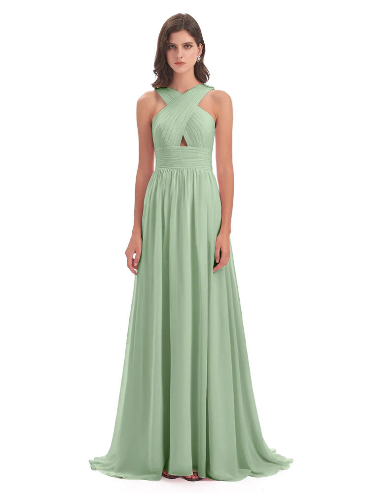 Desiree A-line Sweep Train Chiffon Long Bridesmaid Dresses