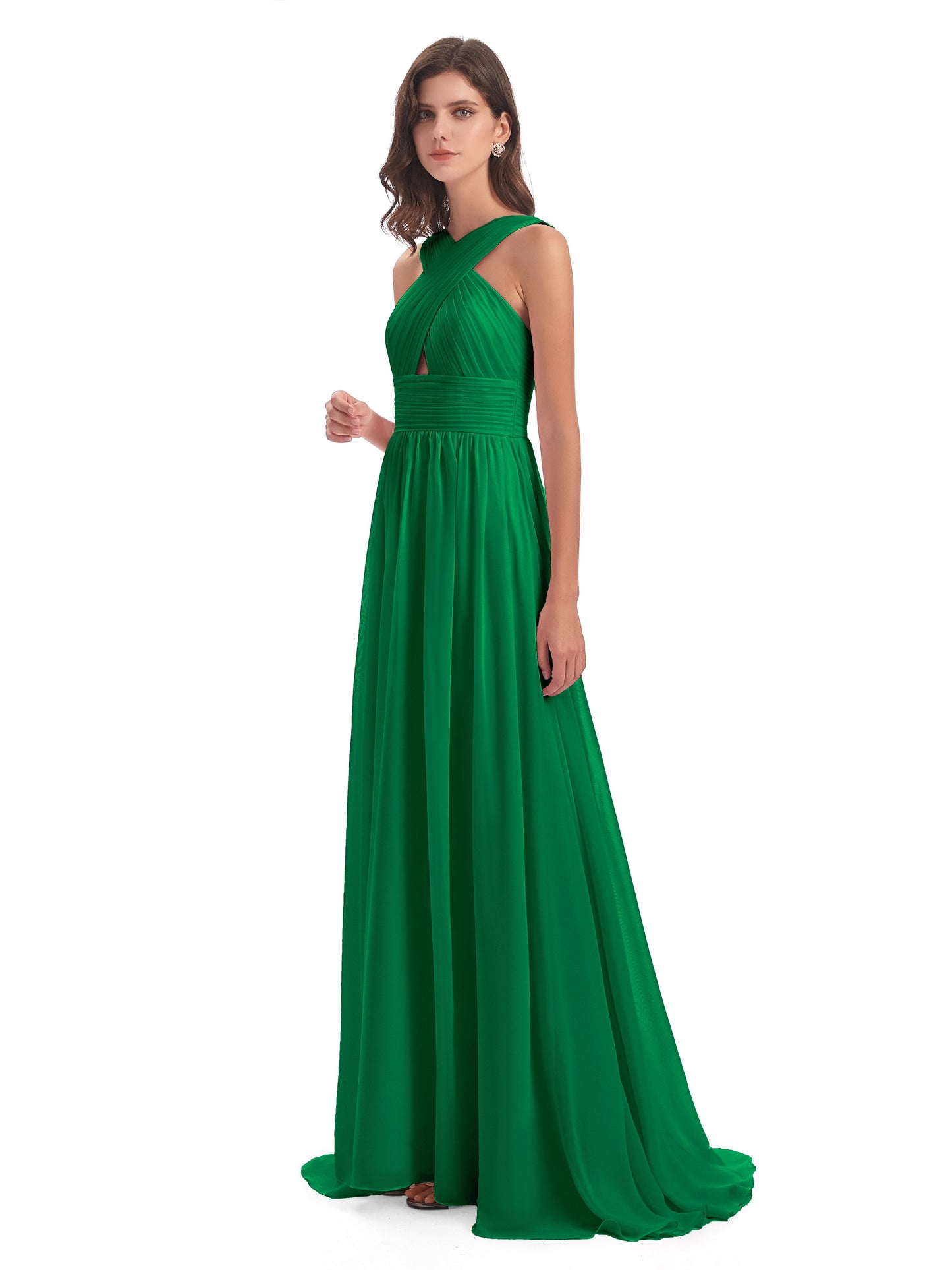 Desiree A-line Sweep Train Chiffon Long Bridesmaid Dresses