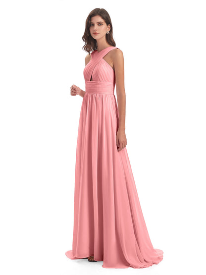 Desiree A-line Sweep Train Chiffon Long Bridesmaid Dresses