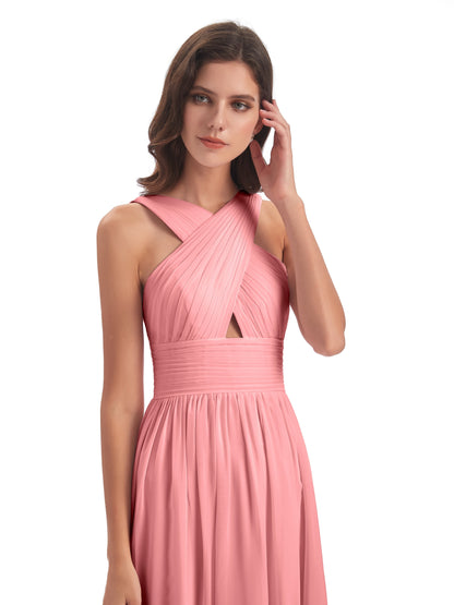 Desiree A-line Sweep Train Chiffon Long Bridesmaid Dresses