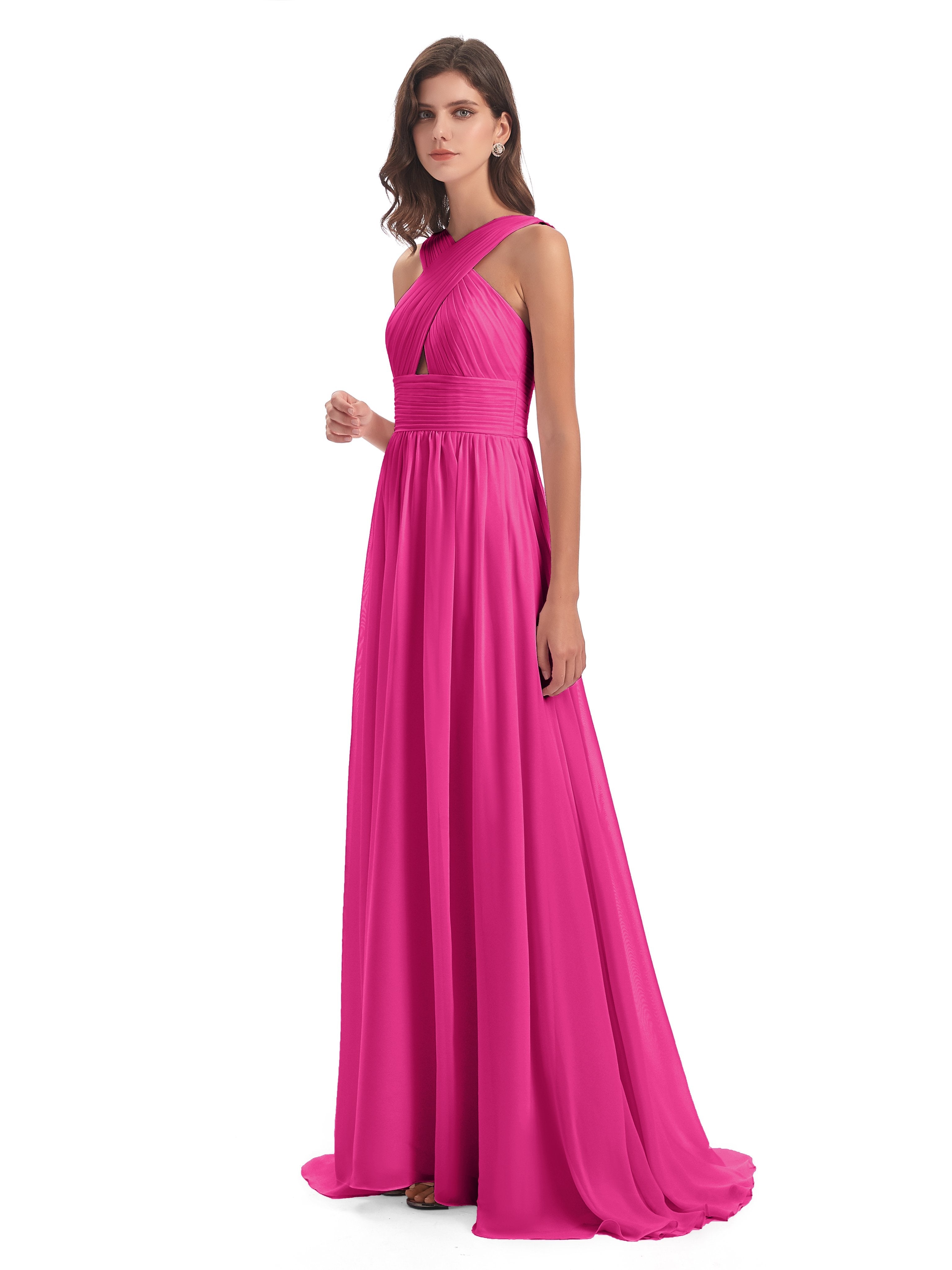 Desiree A-line Sweep Train Chiffon Long Bridesmaid Dresses