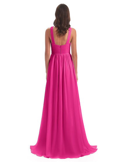 Desiree A-line Sweep Train Chiffon Long Bridesmaid Dresses