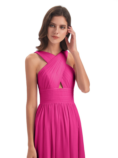 Desiree A-line Sweep Train Chiffon Long Bridesmaid Dresses