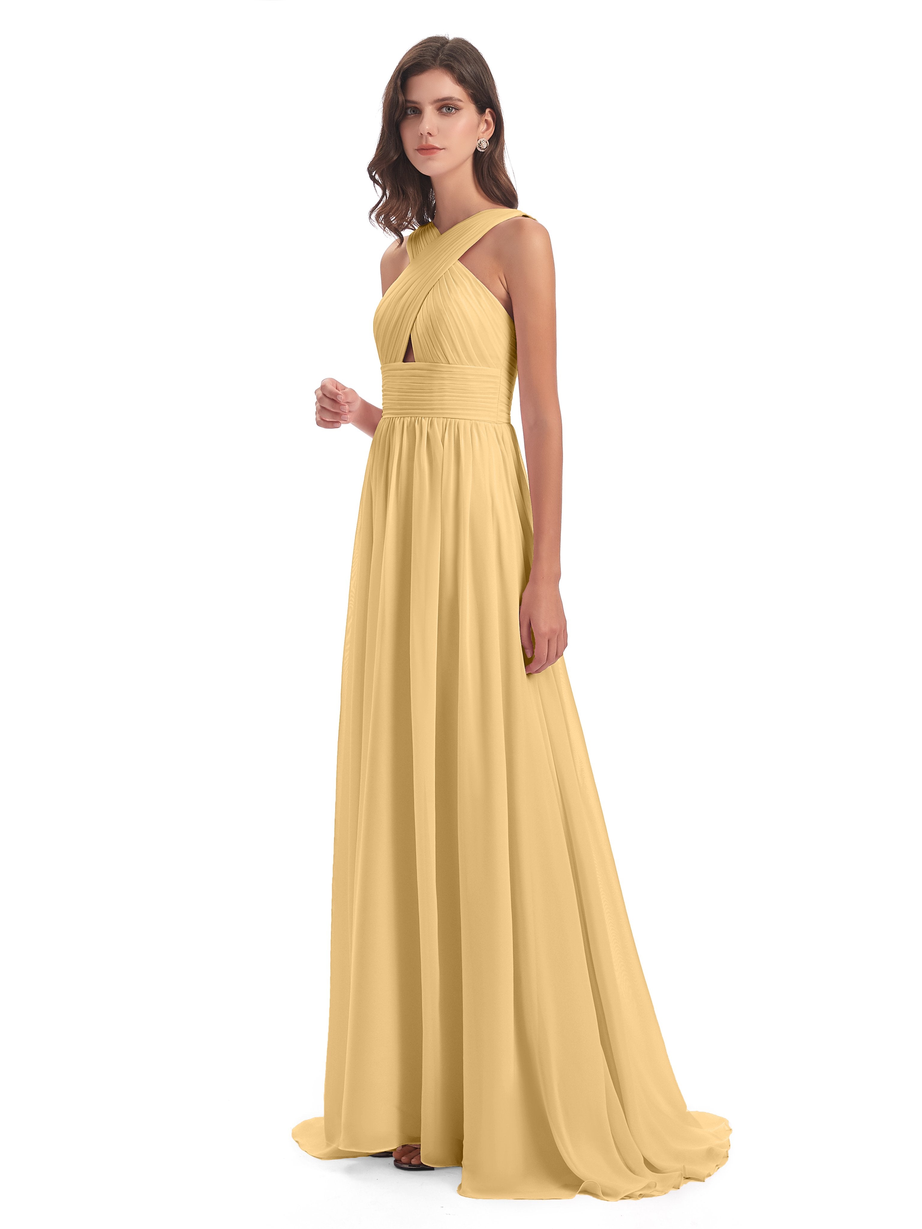 Desiree A-line Sweep Train Chiffon Long Bridesmaid Dresses
