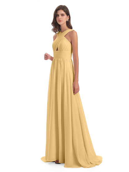 Desiree A-line Sweep Train Chiffon Long Bridesmaid Dresses