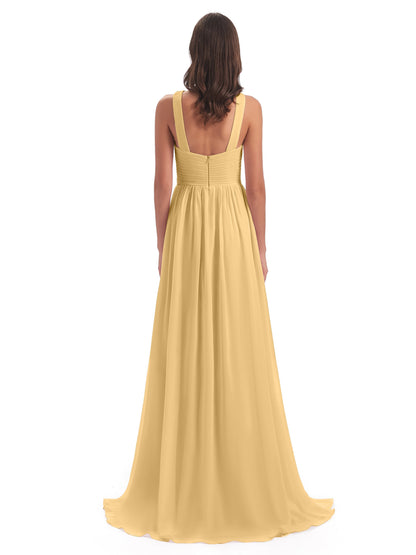Desiree A-line Sweep Train Chiffon Long Bridesmaid Dresses