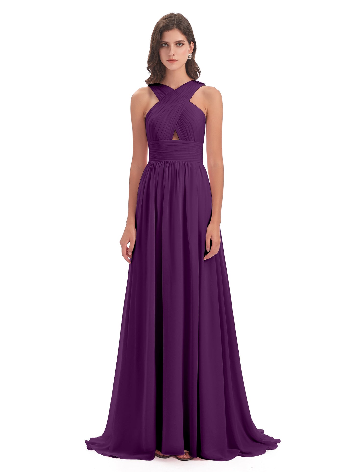 Desiree A-line Sweep Train Chiffon Long Bridesmaid Dresses