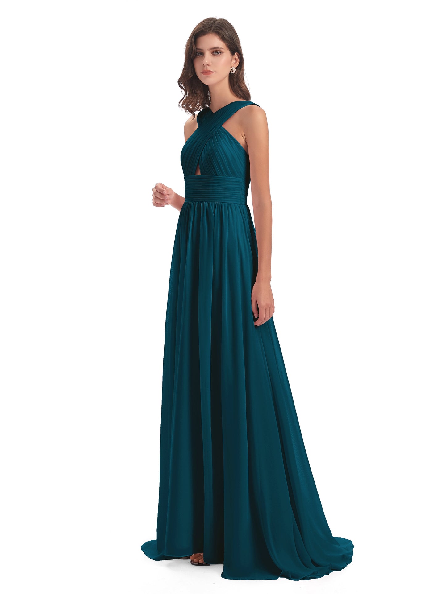 Desiree A-line Sweep Train Chiffon Long Bridesmaid Dresses