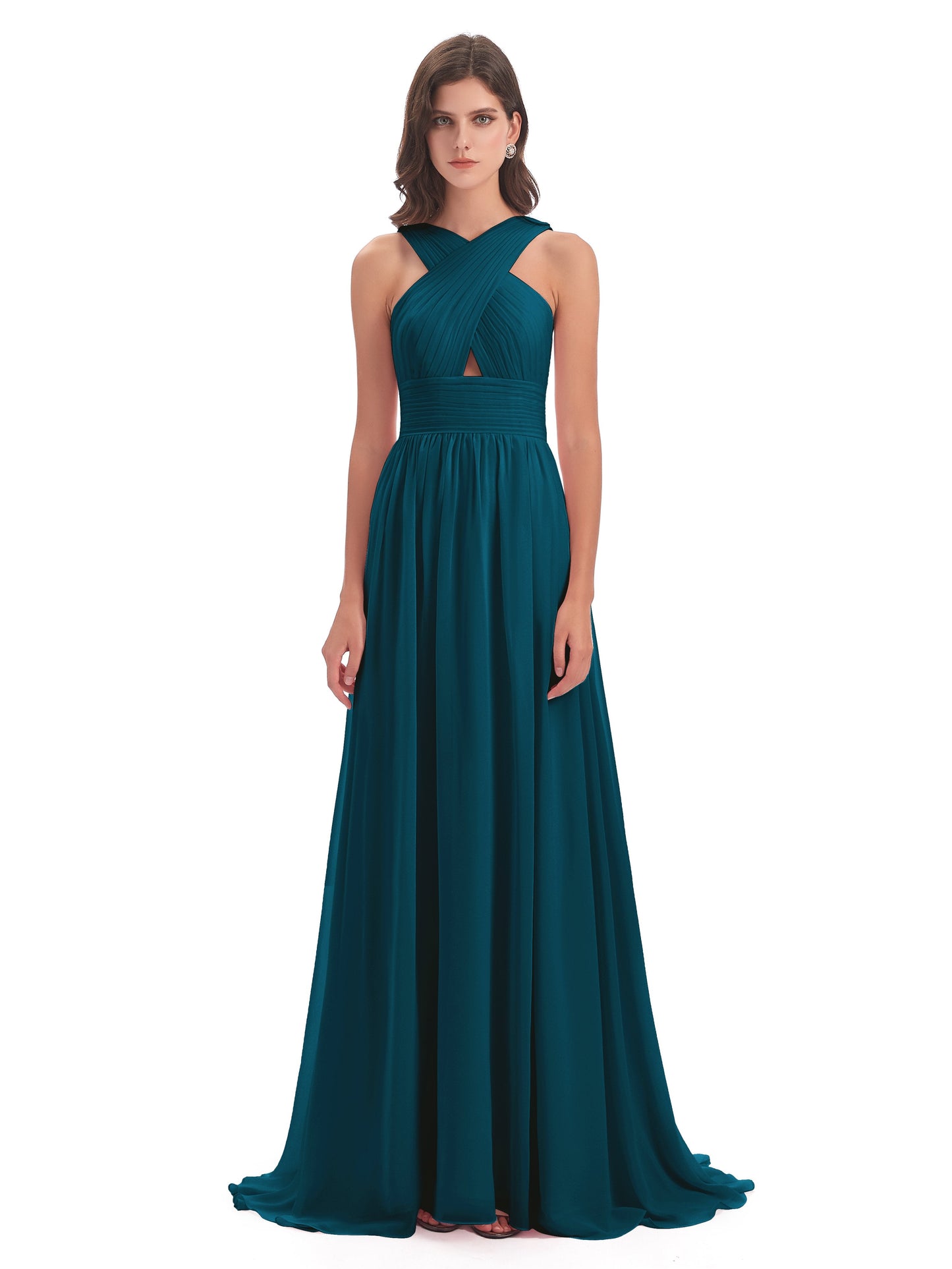Desiree A-line Sweep Train Chiffon Long Bridesmaid Dresses