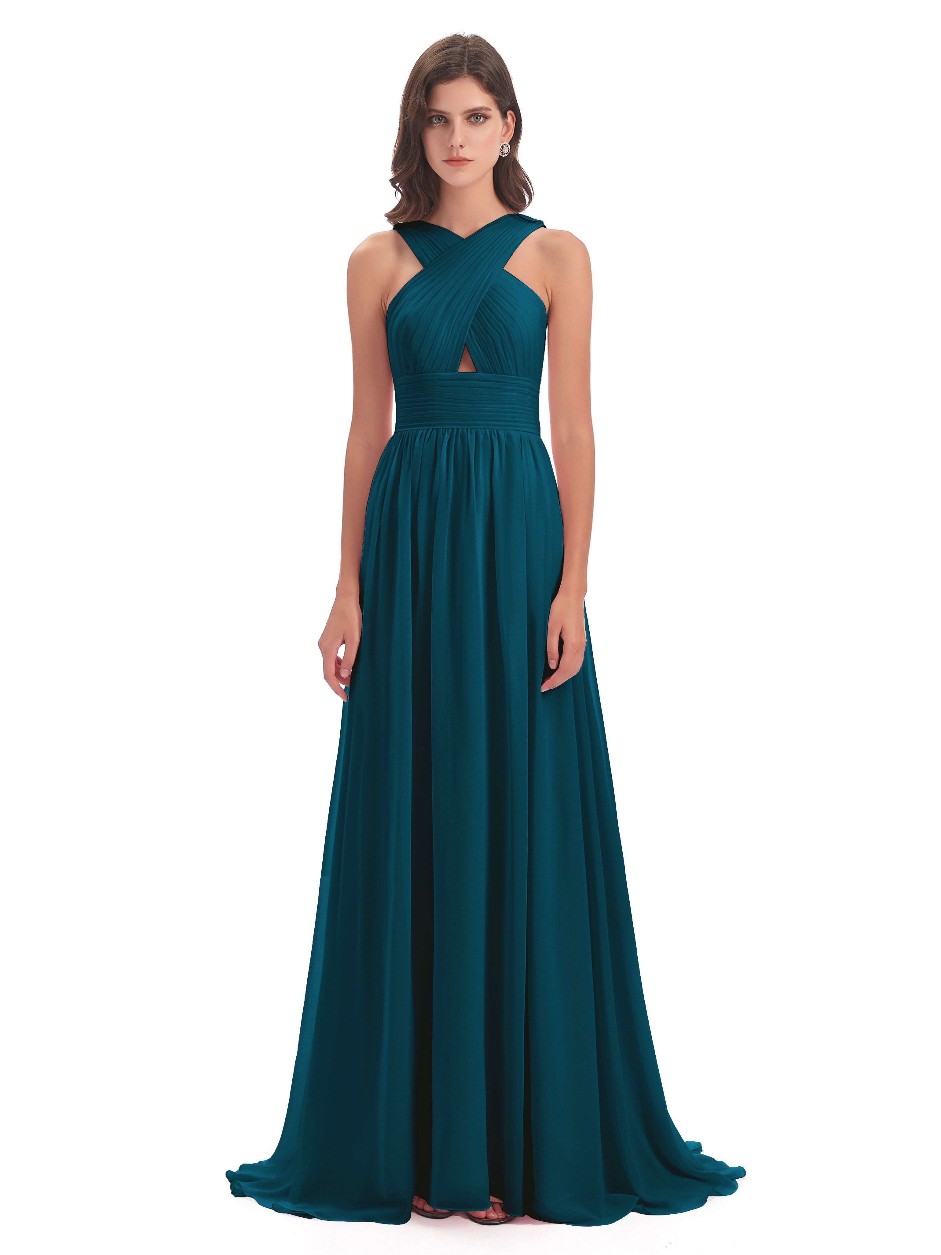 Desiree A-line Sweep Train Chiffon Long Bridesmaid Dresses