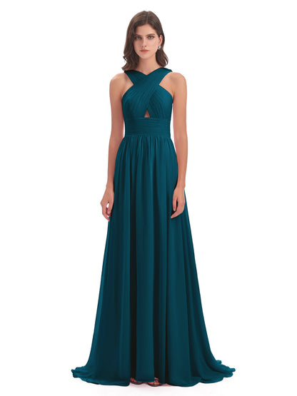 Desiree A-line Sweep Train Chiffon Long Bridesmaid Dresses