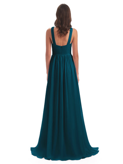 Desiree A-line Sweep Train Chiffon Long Bridesmaid Dresses