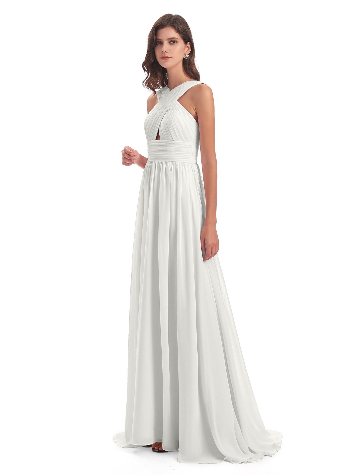 Desiree A-line Sweep Train Chiffon Long Bridesmaid Dresses