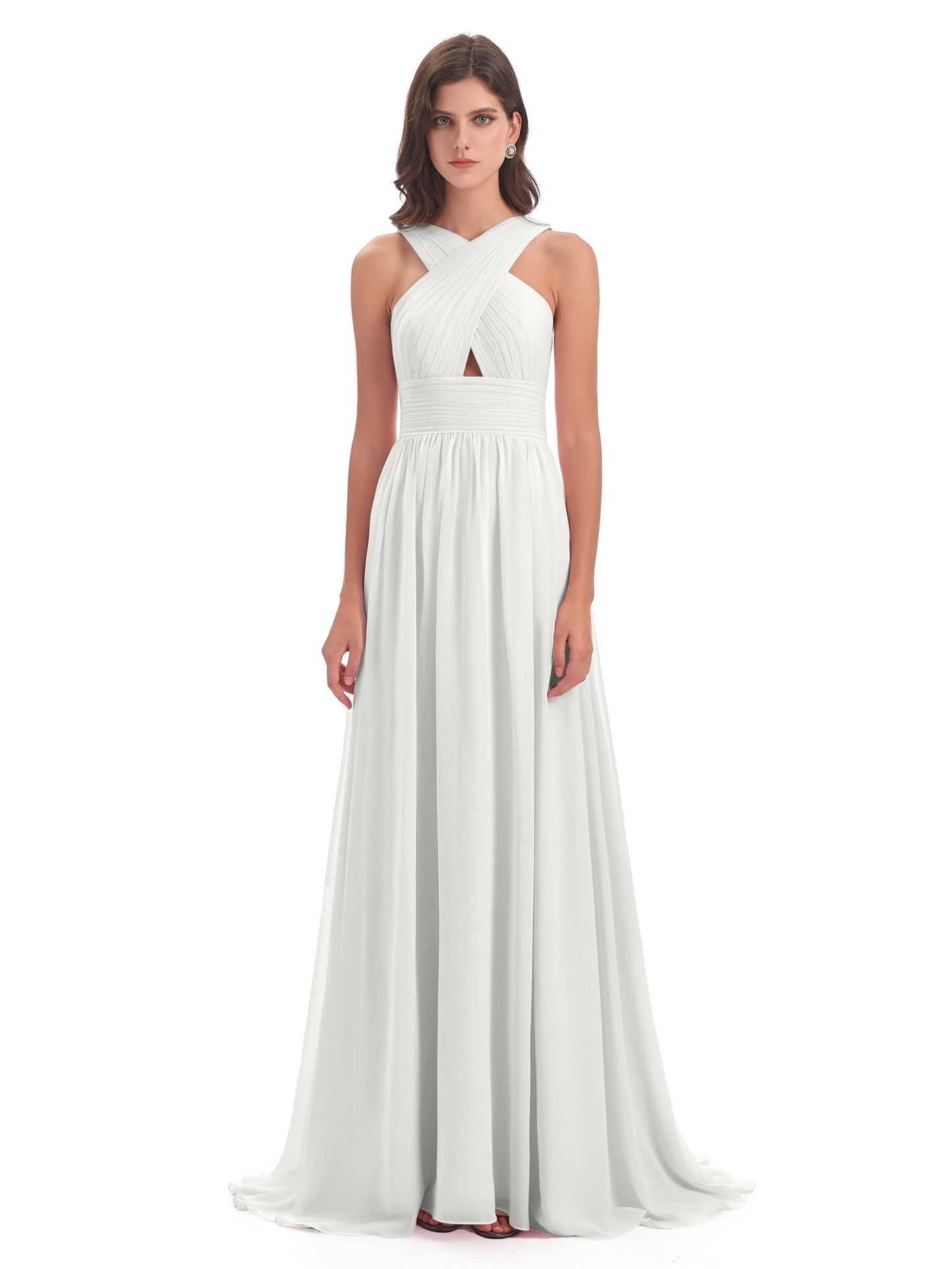 Desiree A-line Sweep Train Chiffon Long Bridesmaid Dresses