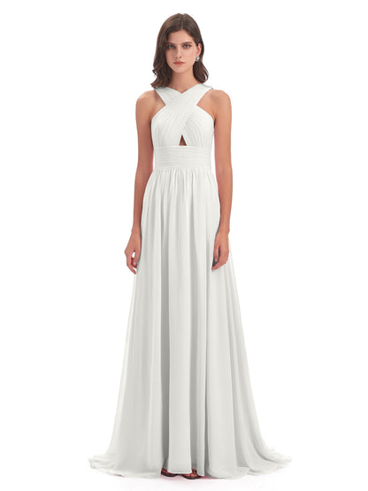 Desiree A-line Sweep Train Chiffon Long Bridesmaid Dresses