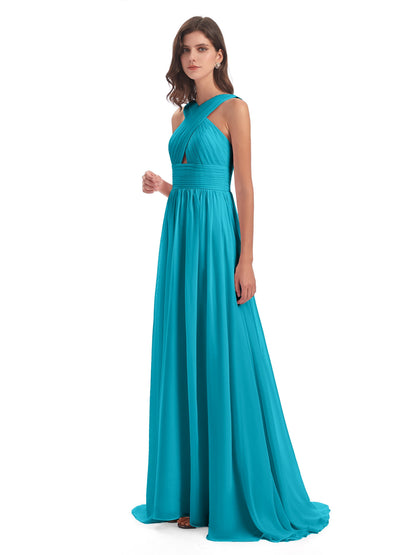 Desiree A-line Sweep Train Chiffon Long Bridesmaid Dresses
