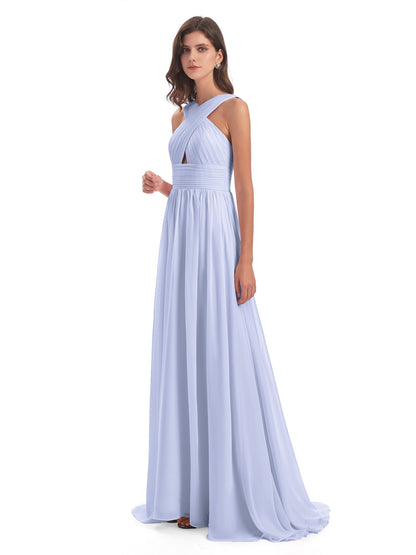 Desiree A-line Sweep Train Chiffon Long Bridesmaid Dresses
