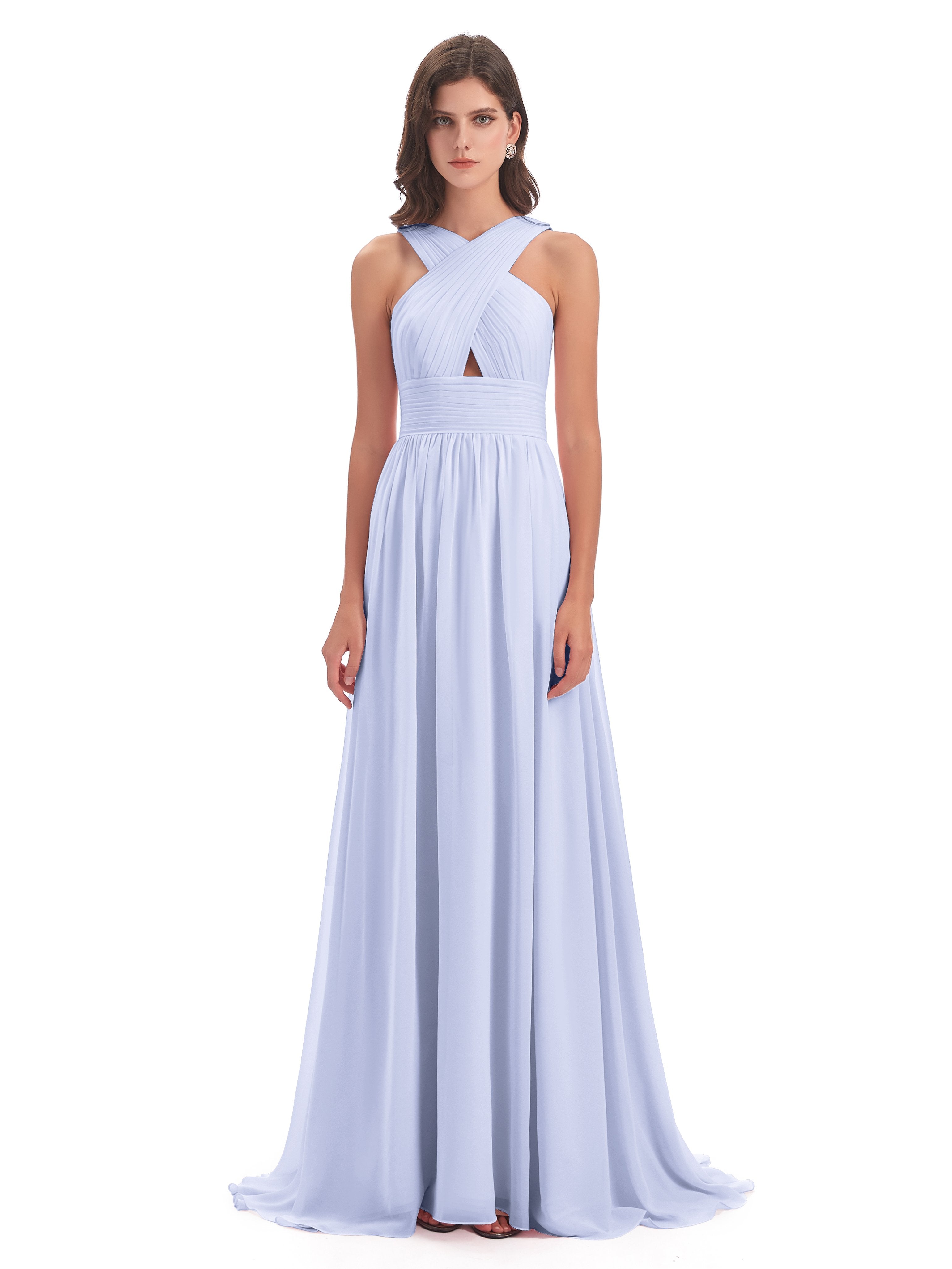 Desiree A-line Sweep Train Chiffon Long Bridesmaid Dresses