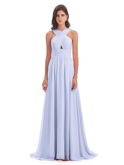 Desiree A-line Sweep Train Chiffon Long Bridesmaid Dresses