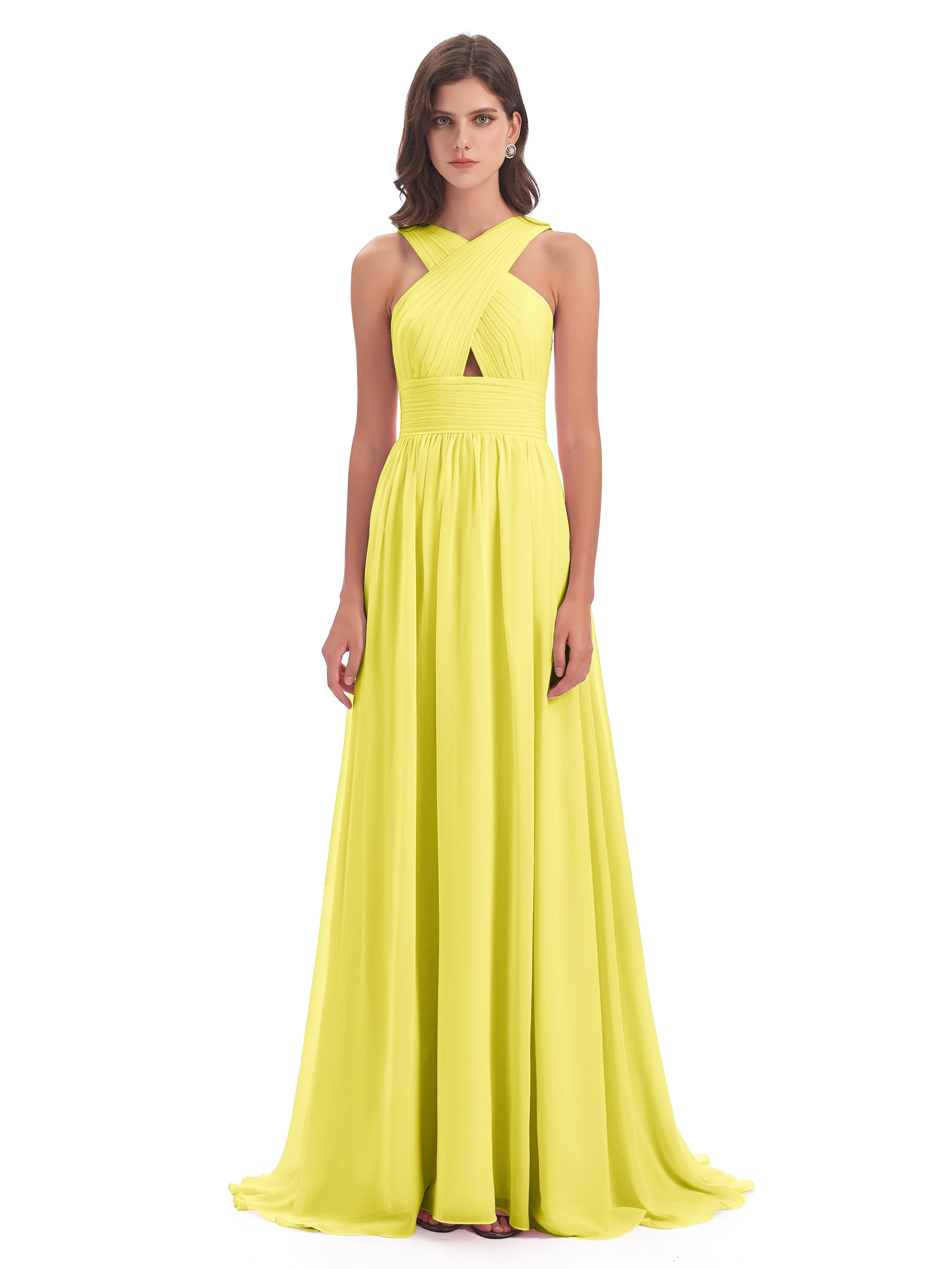 Desiree A-line Sweep Train Chiffon Long Bridesmaid Dresses