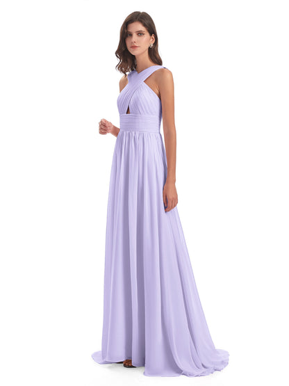 Desiree A-line Sweep Train Chiffon Long Bridesmaid Dresses