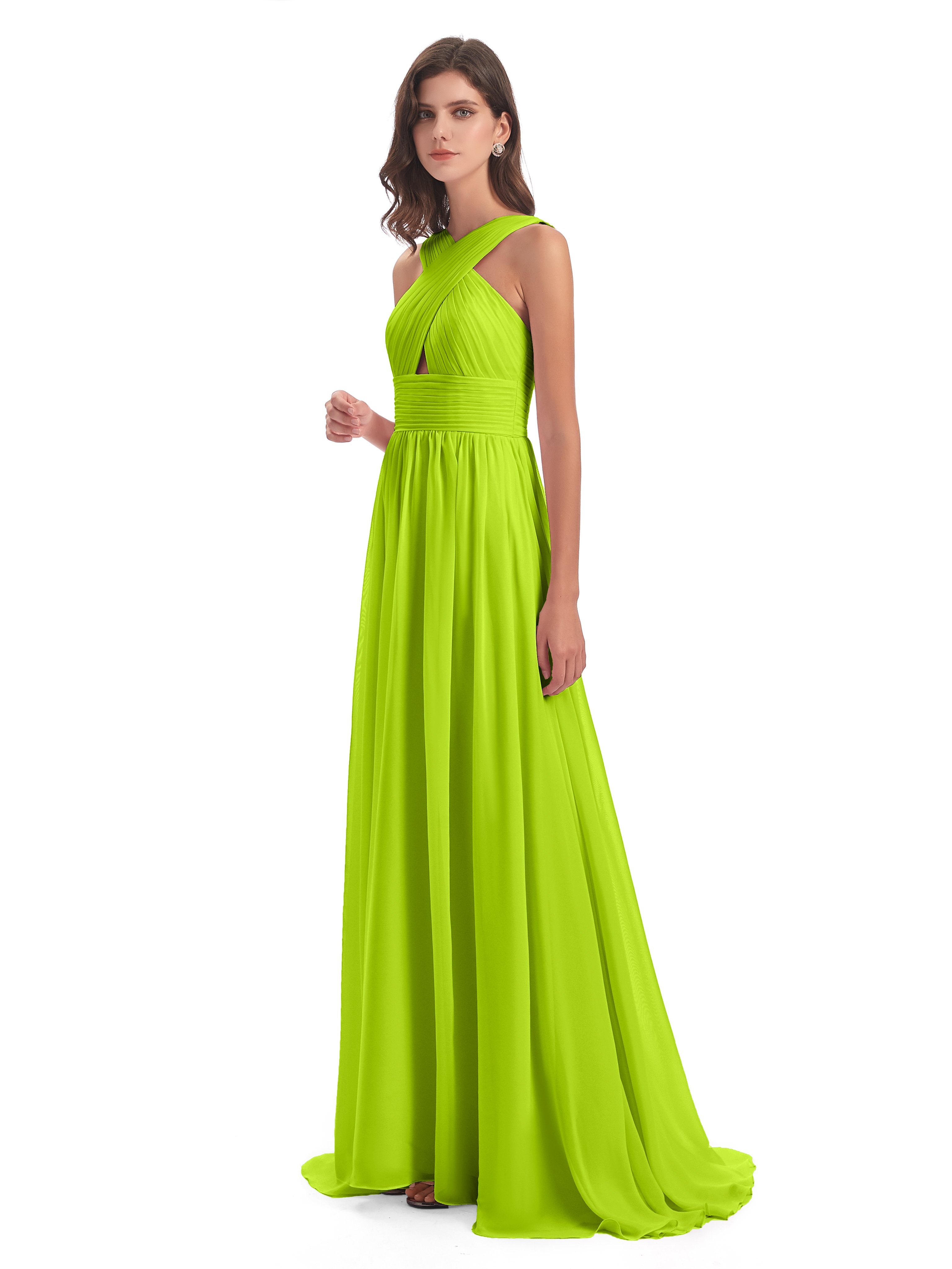 Desiree A-line Sweep Train Chiffon Long Bridesmaid Dresses
