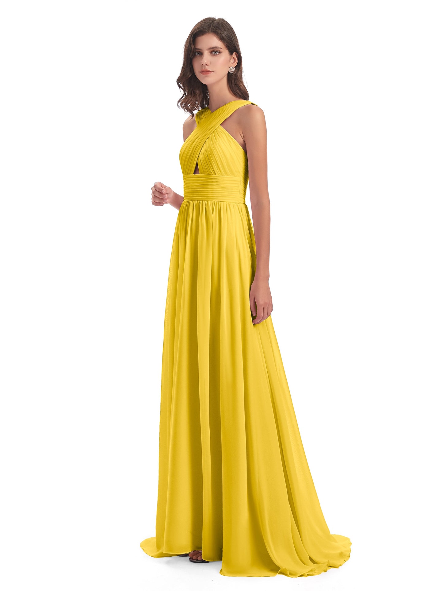 Desiree A-line Sweep Train Chiffon Long Bridesmaid Dresses