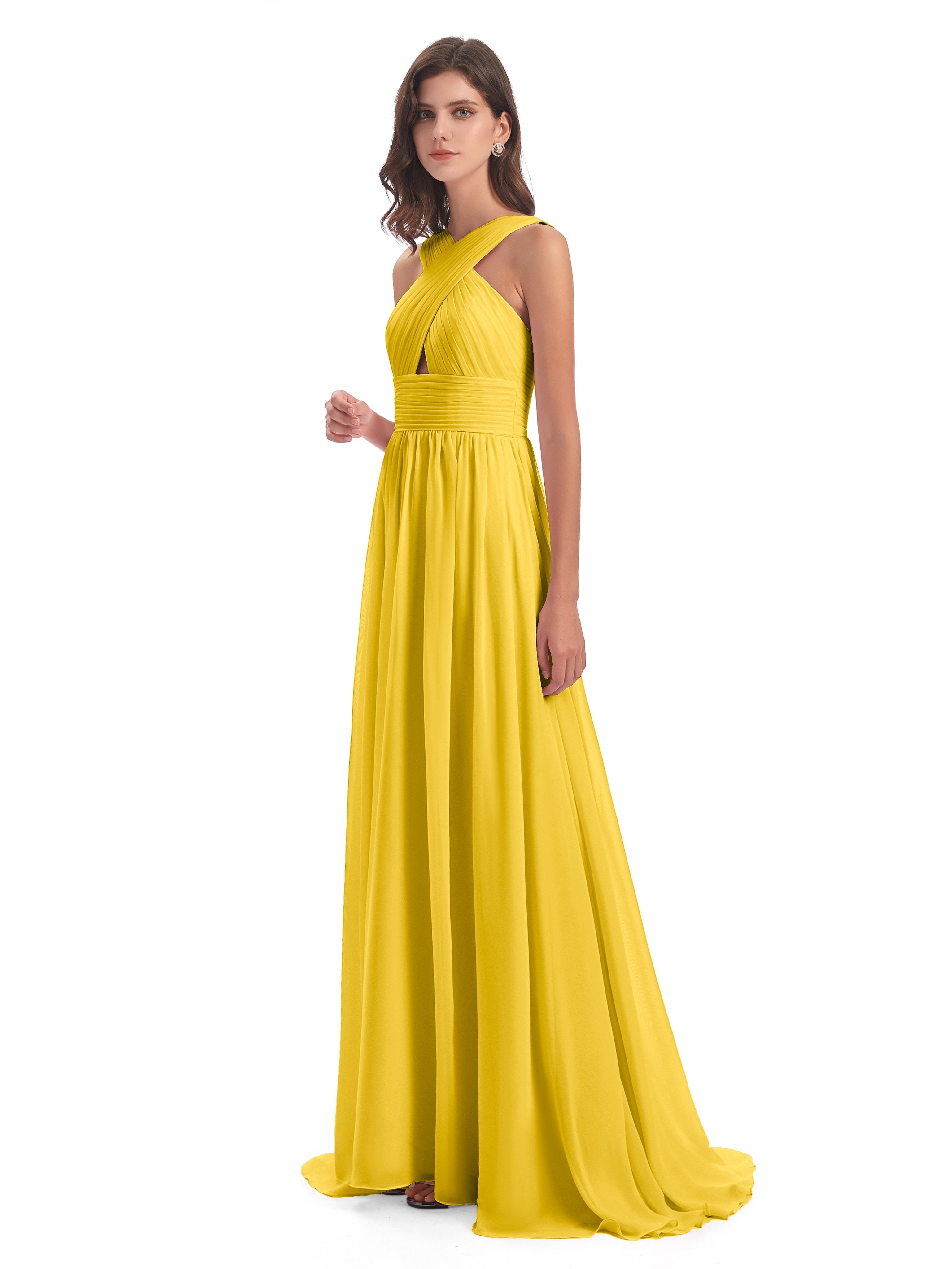 Desiree A-line Sweep Train Chiffon Long Bridesmaid Dresses