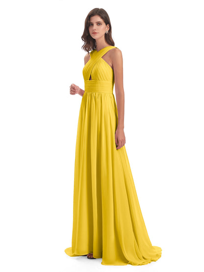 Desiree A-line Sweep Train Chiffon Long Bridesmaid Dresses