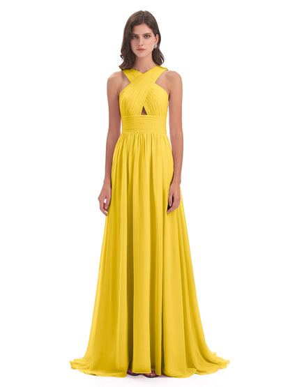 Desiree A-line Sweep Train Chiffon Long Bridesmaid Dresses