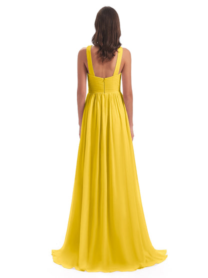 Desiree A-line Sweep Train Chiffon Long Bridesmaid Dresses