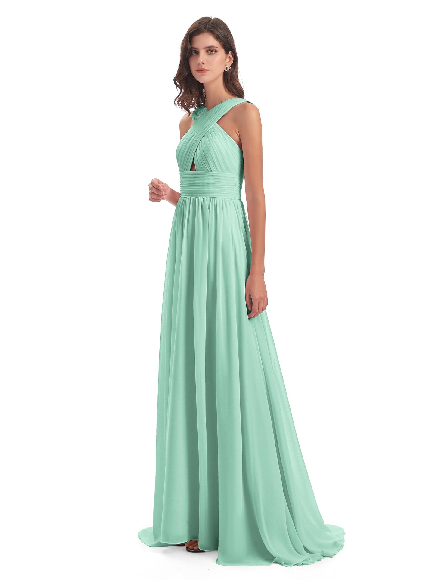 Desiree A-line Sweep Train Chiffon Long Bridesmaid Dresses