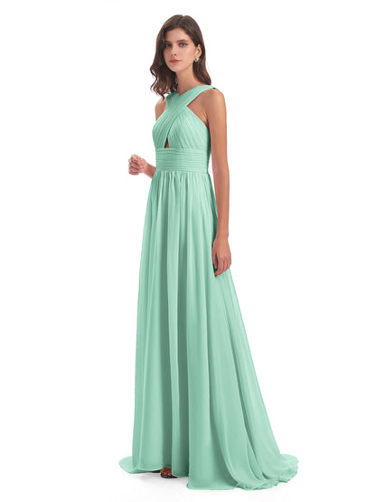 Desiree A-line Sweep Train Chiffon Long Bridesmaid Dresses