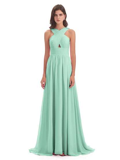 Desiree A-line Sweep Train Chiffon Long Bridesmaid Dresses