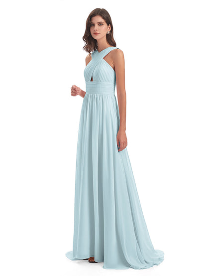Desiree A-line Sweep Train Chiffon Long Bridesmaid Dresses