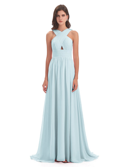 Desiree A-line Sweep Train Chiffon Long Bridesmaid Dresses