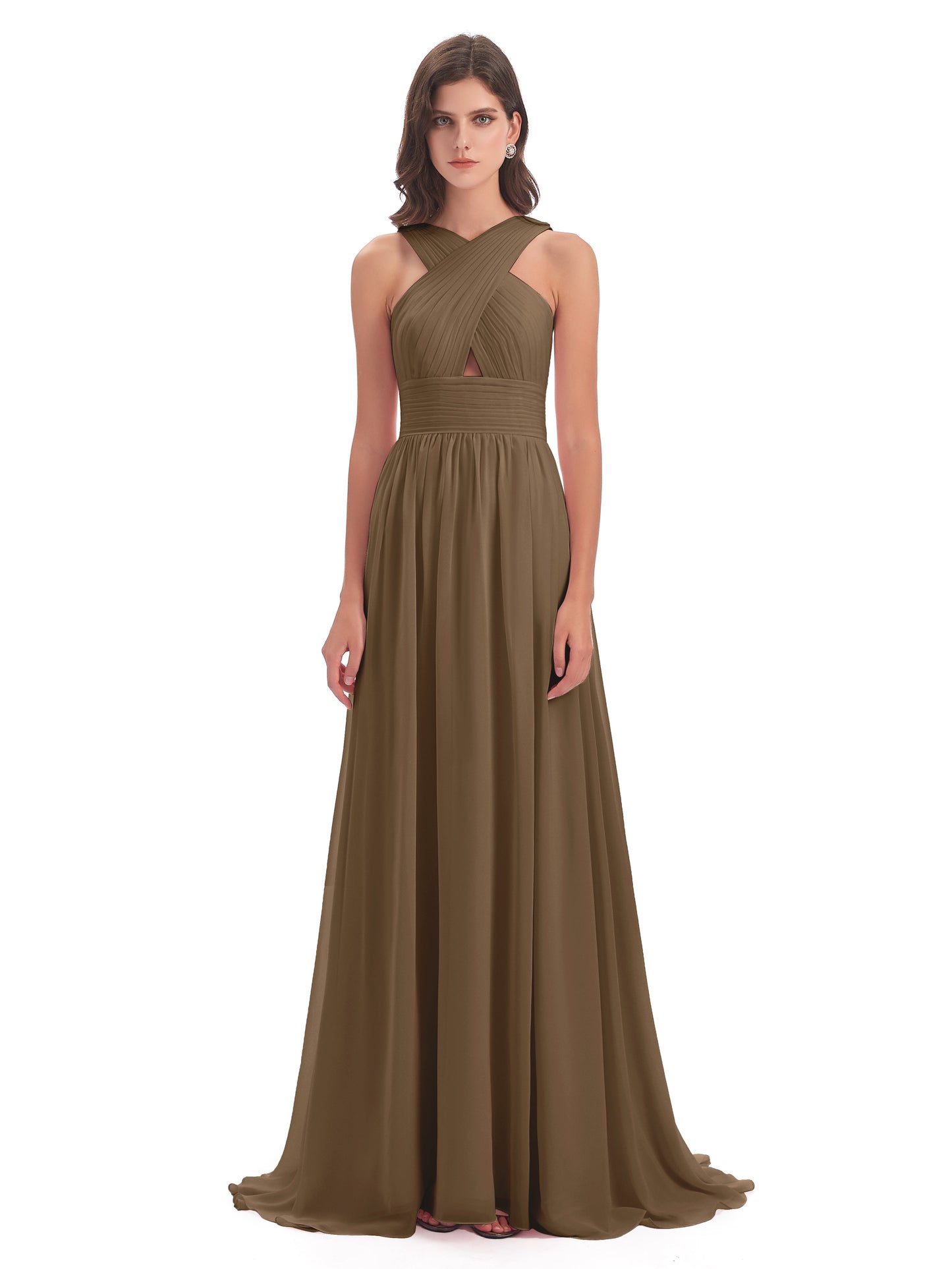 Desiree A-line Sweep Train Chiffon Long Bridesmaid Dresses