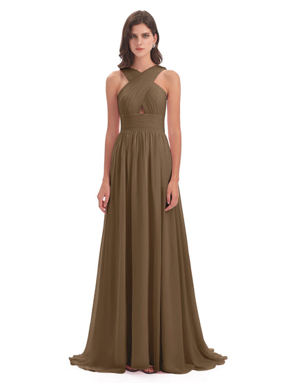 Desiree A-line Sweep Train Chiffon Long Bridesmaid Dresses