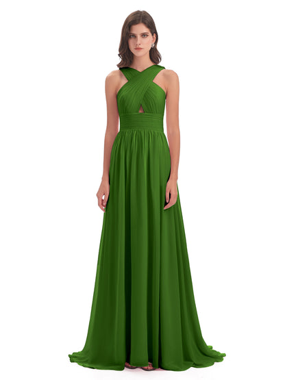 Desiree A-line Sweep Train Chiffon Long Bridesmaid Dresses