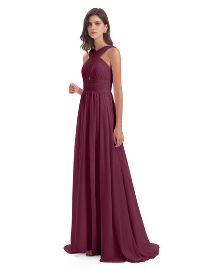 Desiree A-line Sweep Train Chiffon Long Bridesmaid Dresses