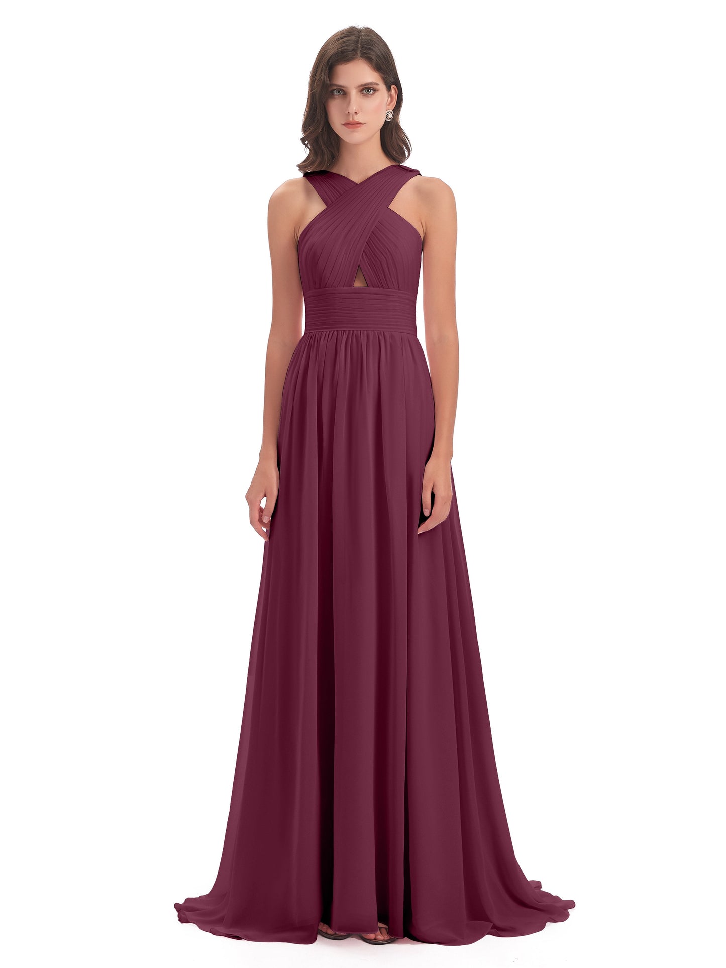 Desiree A-line Sweep Train Chiffon Long Bridesmaid Dresses