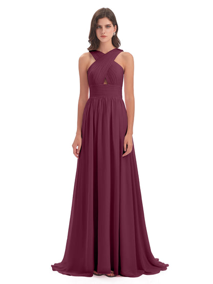 Desiree A-line Sweep Train Chiffon Long Bridesmaid Dresses
