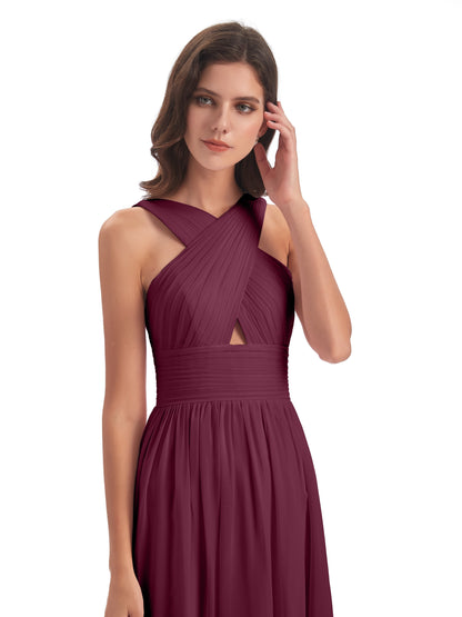 Desiree A-line Sweep Train Chiffon Long Bridesmaid Dresses