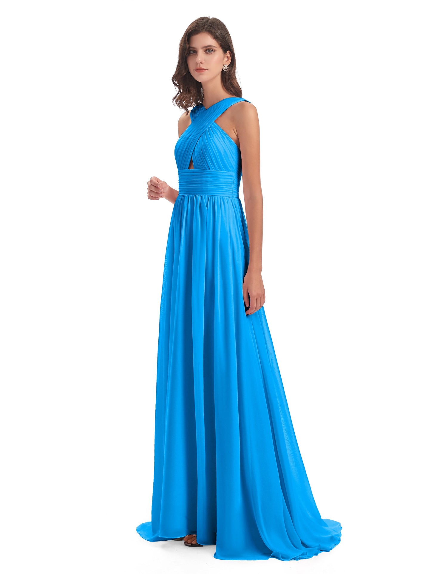 Desiree A-line Sweep Train Chiffon Long Bridesmaid Dresses