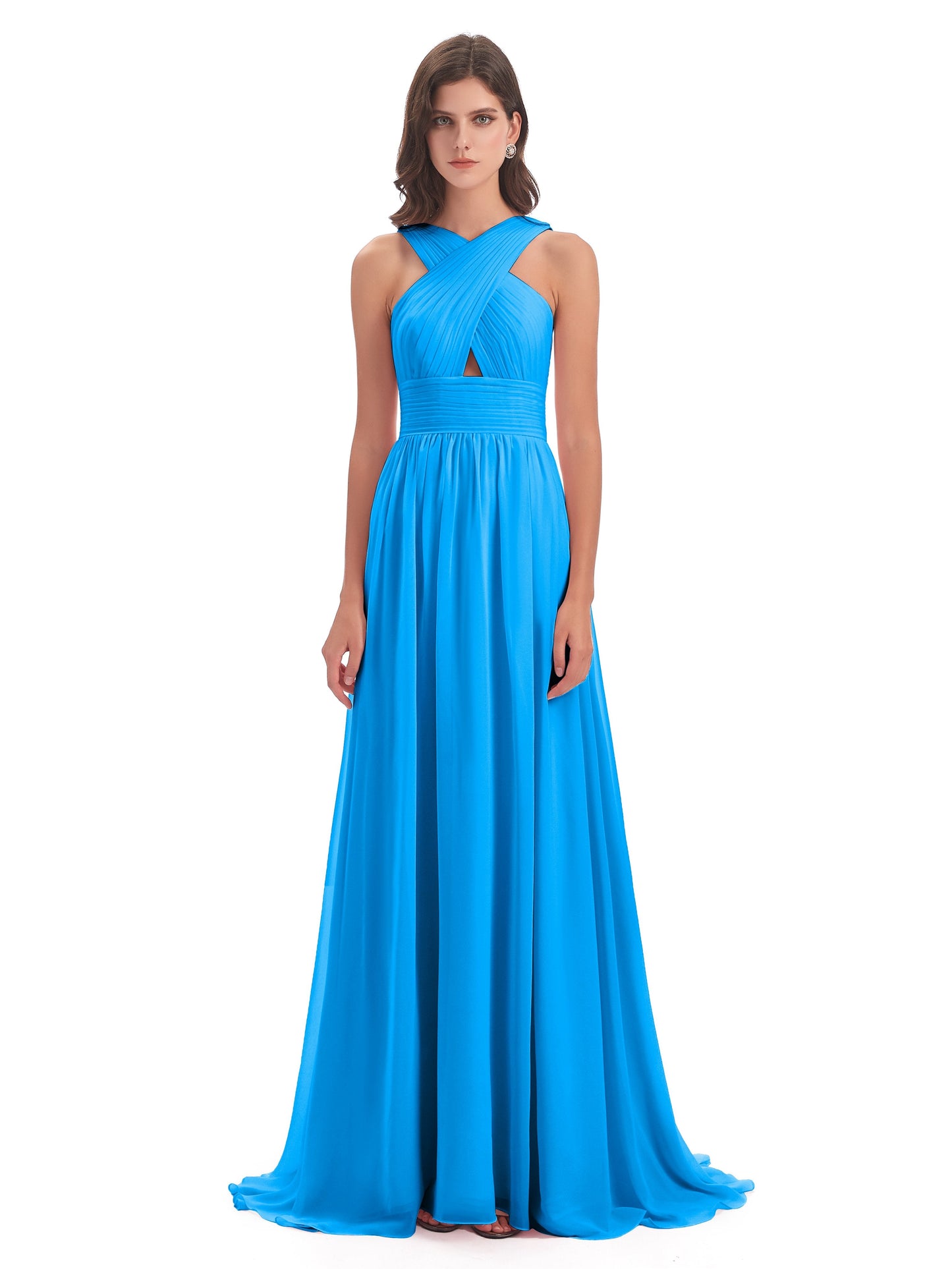 Desiree A-line Sweep Train Chiffon Long Bridesmaid Dresses